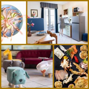 un collage di foto di una cucina e di un soggiorno di Casa Merano Residence & Ristorante Bibione Centro a Bibione