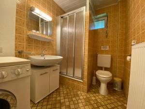 een badkamer met een toilet, een wastafel en een douche bij Ferienhaus Küste in Otterndorf