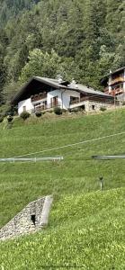 ein Haus auf einem Hügel mit Gras in der Unterkunft Villetta sulle dolomiti in Pracorno di Rabbi