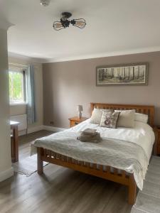 a bedroom with a large bed and a ceiling fan at The Cottage Inn in Llandeilo