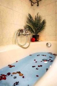 La salle de bains est pourvue d'une baignoire et d'un tapis de fleurs. dans l'établissement Appartamento comodo alla metro ideale per coppie e famiglie, casa costa, à Collegno