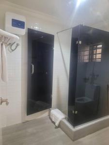 a bathroom with a glass shower with a toilet at LUXOL HOMES&SUITES in Ikeja