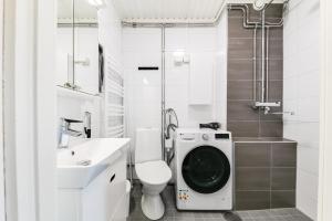 a bathroom with a toilet sink and a washing machine at Santa's Holiday Homes in Rovaniemi +99 photos