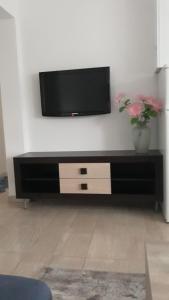 uma televisão de ecrã plano numa parede numa sala de estar em Apartment Mattias free private parking em Mostar