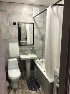 een badkamer met een toilet, een wastafel en een douche bij Apartment Artynova 29 in Vinnytsya
