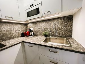 una cocina con fregadero y microondas en Villa Saint Jacques, Appart La Mer, en Le Tréport