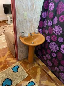 a bathroom with a small sink and a shower curtain at Leosan departamento in Puerto Iguazú