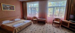 a bedroom with a bed and two chairs and a television at Готельно-Ресторанний Комплекс Три Бобри in Litowiż +45 photos