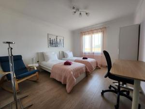 1 dormitorio con 2 camas, mesa y escritorio en Villa Rose, en Le Muy