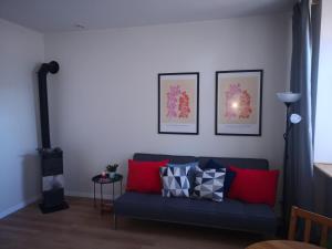 a living room with a blue couch with red pillows at Apartament VIVO ARTE in Łódź