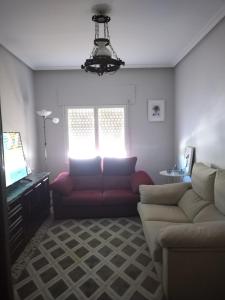 a living room with a couch and a tv at CASA ANTONIO Y GABI Ruta de los dinosaurios in Igea