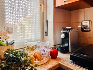 a kitchen counter with a counter top with bread and a toaster at sky apartment a due passi dalla stazione in Collegno +9 photos