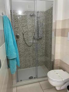 a bathroom with a shower with a toilet and a blue towel at Villa Bianca BB e Apartments in Àrbatax