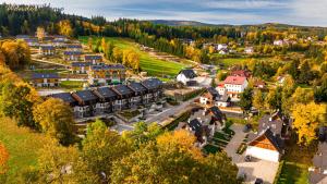 カルパチにあるWonder Home - Apartamenty Residence Karpacz tuż przy stoku narciarskim i przy Głównym Szlaku Sudeckimの山の小さな町の空中風景