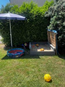 einen Spielbereich für Kinder mit einem Sonnenschirm und einem Sandkasten in der Unterkunft Franzis Landhaus in Singen