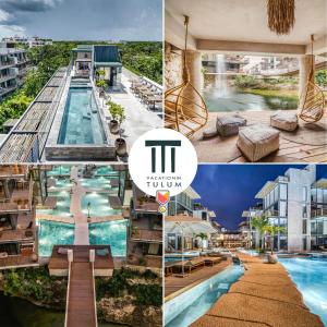 a collage of photos of a resort at Divine 2BR Tulum on Cenote Gym in Tulum