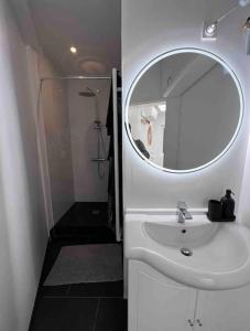 uma casa de banho com um lavatório branco e um espelho. em Appartement RDC Mairie de Marcq em Marcq-en-Baroeul