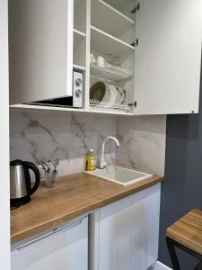 eine Küchentheke mit einer Spüle und weißen Schränken in der Unterkunft Smart Modern loft apartments in Iwano-Frankiwsk
