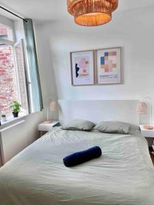 almohada azul sobre una cama en un dormitorio en Appartement 2 mairie de Marcq en Marcq-en-Baroeul