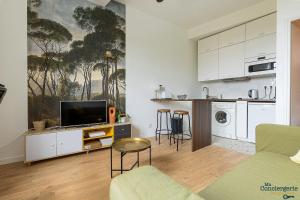 a living room with a tv and a kitchen at Artiste - Vue sur les quais de la Garonne - Hypercentre in Toulouse