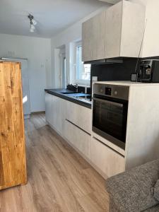 a kitchen with stainless steel appliances and wooden floors at Ferienwohnung LINA in Bitburg