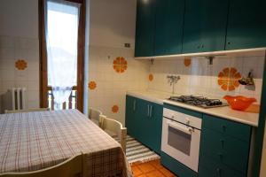 a kitchen with green cabinets and a stove top oven at 181 - Casa Arcobaleno tra le Alpi, Piste da sci a 15 minuti in Castione della Presolana