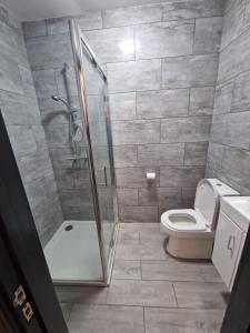 a bathroom with a shower and a toilet at Room On Southall High Street in Southall