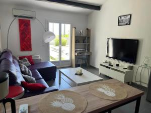 uma sala de estar com um sofá e uma mesa em CHARMANT STUDIO INDEPENDANT PROCHE MER parking privé em Mireval