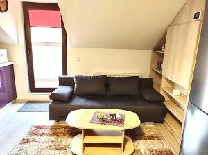 un soggiorno con divano nero e tavolo di Simona Apartament Palas Mall a Iaşi