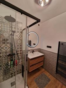 a bathroom with a shower and a sink and a mirror at Los Kukos Casa Rural in Riaño