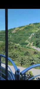 a view of a green field from a window at Beyaz hostel in Trabzon