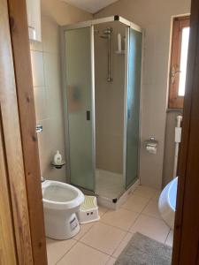 W łazience znajduje się prysznic, toaleta i umywalka. w obiekcie Villa Malgary w mieście Laceno