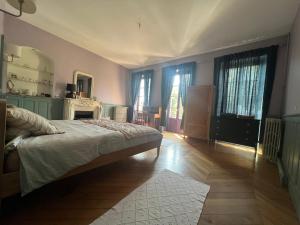 1 dormitorio con 1 cama, chimenea y ventanas en Les chambres de Juliette en Moulins