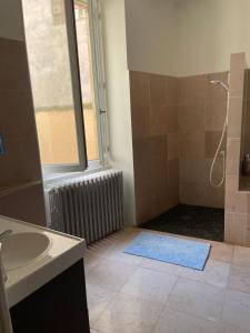 ein Bad mit einer Dusche, einem Waschbecken und einem Fenster in der Unterkunft Les chambres de Juliette in Moulins