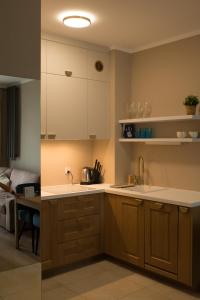 a kitchen with wooden cabinets and a sink at Apartament Sand & Sun in Sianozety