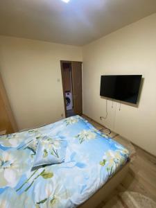 a bedroom with a bed and a flat screen tv at Apartament regim hotelier Deva in Deva