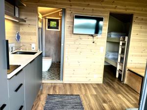 a small bathroom with a tv and a toilet at Base Camp Hamarøy in Sørkil +60 photos
