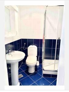 een badkamer met een toilet, een wastafel en een douche bij Monte Star apartments in Budva