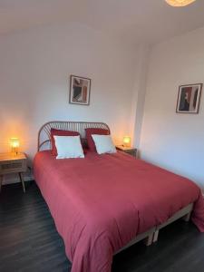 sypialnia z dużym czerwonym łóżkiem z 2 poduszkami w obiekcie Wambrechies centre maison 3 chb w mieście Wambrechies