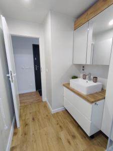 ein weißes Badezimmer mit einem Waschbecken und einer Theke in der Unterkunft Deluxe Apartman Lara in Liptovské Sliače