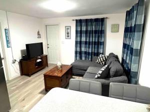 a living room with a couch and a tv at Beachy Paradise in Clearwater Beach