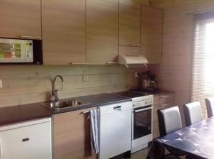 uma cozinha com um lavatório e um fogão forno superior em Inarin Kalakenttä em Inari