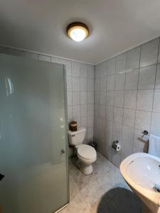 a bathroom with a toilet and a sink at Green Baker Lodge in Puerto Bertrand