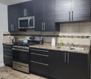 a kitchen with black cabinets and a stove and a sink at Nice and cozy apartment in Ypsilanti