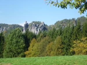 Blick auf einen Berg mit Bäumen und Felsen in der Unterkunft Ferienwohnung Ahrens in Ehrenberg