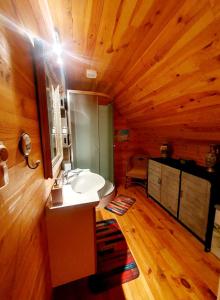 ein Badezimmer mit einem Waschbecken in einer Holzhütte in der Unterkunft Cottage Saint Martin in Ozolles