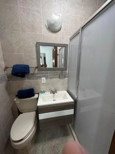 a bathroom with a toilet and a sink and a mirror at Suite las palmas excelente depa con alberca in Manzanillo +13 photos