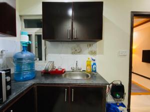 a kitchen counter with a sink and a bottle of water at OWN IT - 2 bedroom apartment ORANGE in Islamabad +15 photos