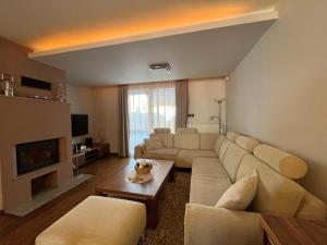 a large living room with a couch and a fireplace at Apartmánový Dom 44 in Tatranska Strba