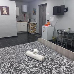 a rug on the floor of a room with a kitchen at B&B Il Quadrifoglio Airport Fontanarossa in Catania